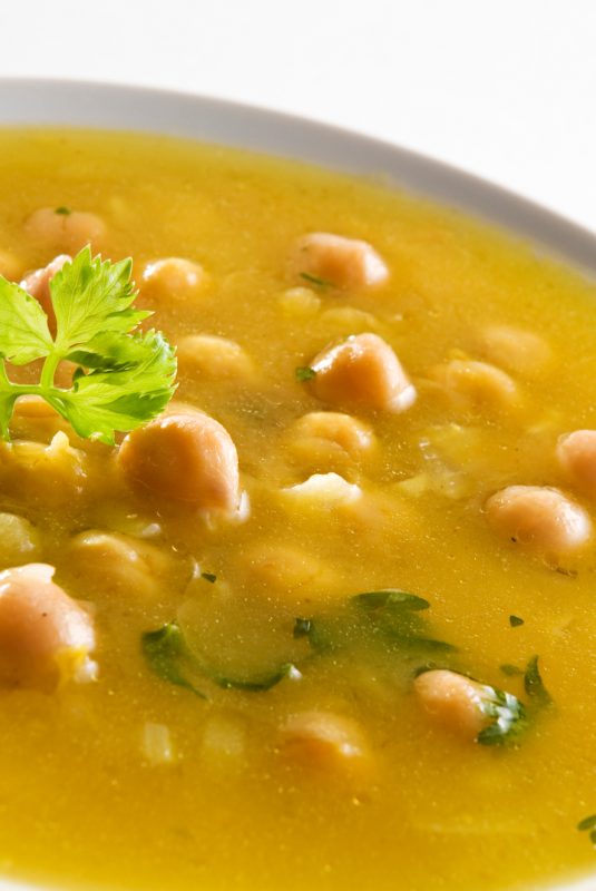 Fresh hot chickpea soup close up shoot