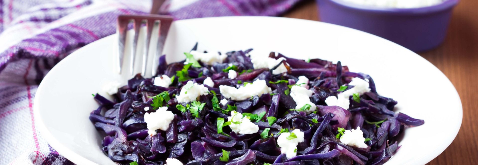 Stewed red cabbage with feta cheese, cilantro, healthy dish, tasty garnish