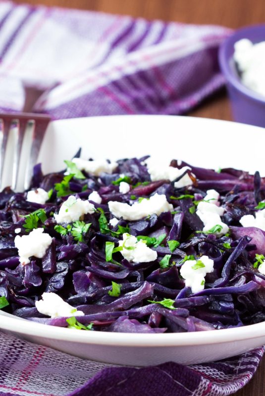 Stewed red cabbage with feta cheese, cilantro, healthy dish, tasty garnish