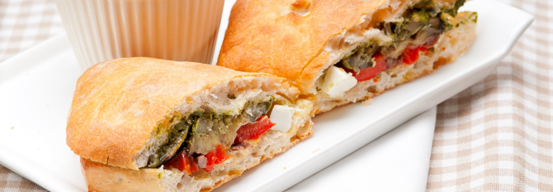 Italian ciabatta panini sandwichwith with vegetable and feta cheese