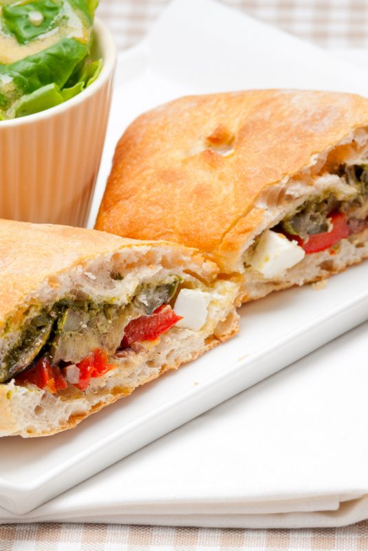 Italian ciabatta panini sandwichwith with vegetable and feta cheese