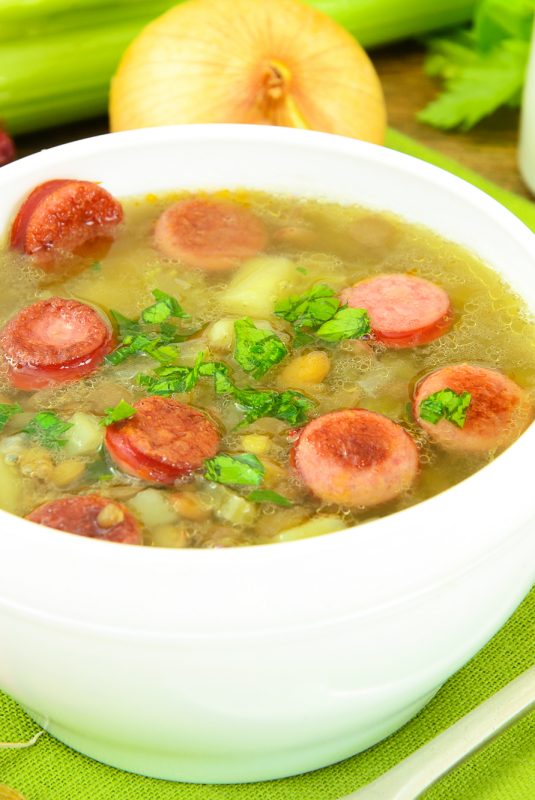 Healthy and Diet Food: Soup with Lentils and Sausage. Studio Photo