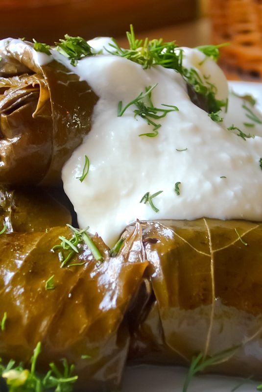 Vine leaves stuffed with rice, mushrooms and spices.