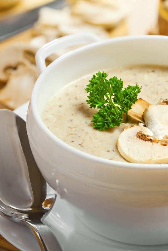Mushroom cream soup on a table, food