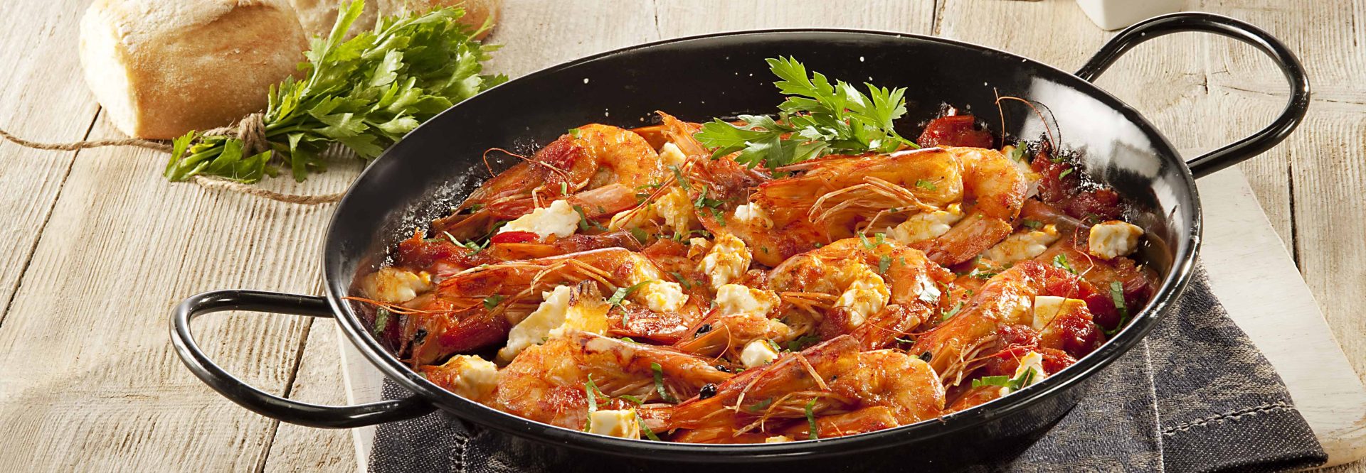 Saganaki-with-shrimp-and-Horio-feta-cheese