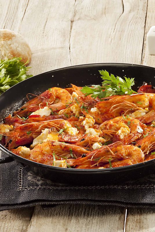 Saganaki-with-shrimp-and-Horio-feta-cheese