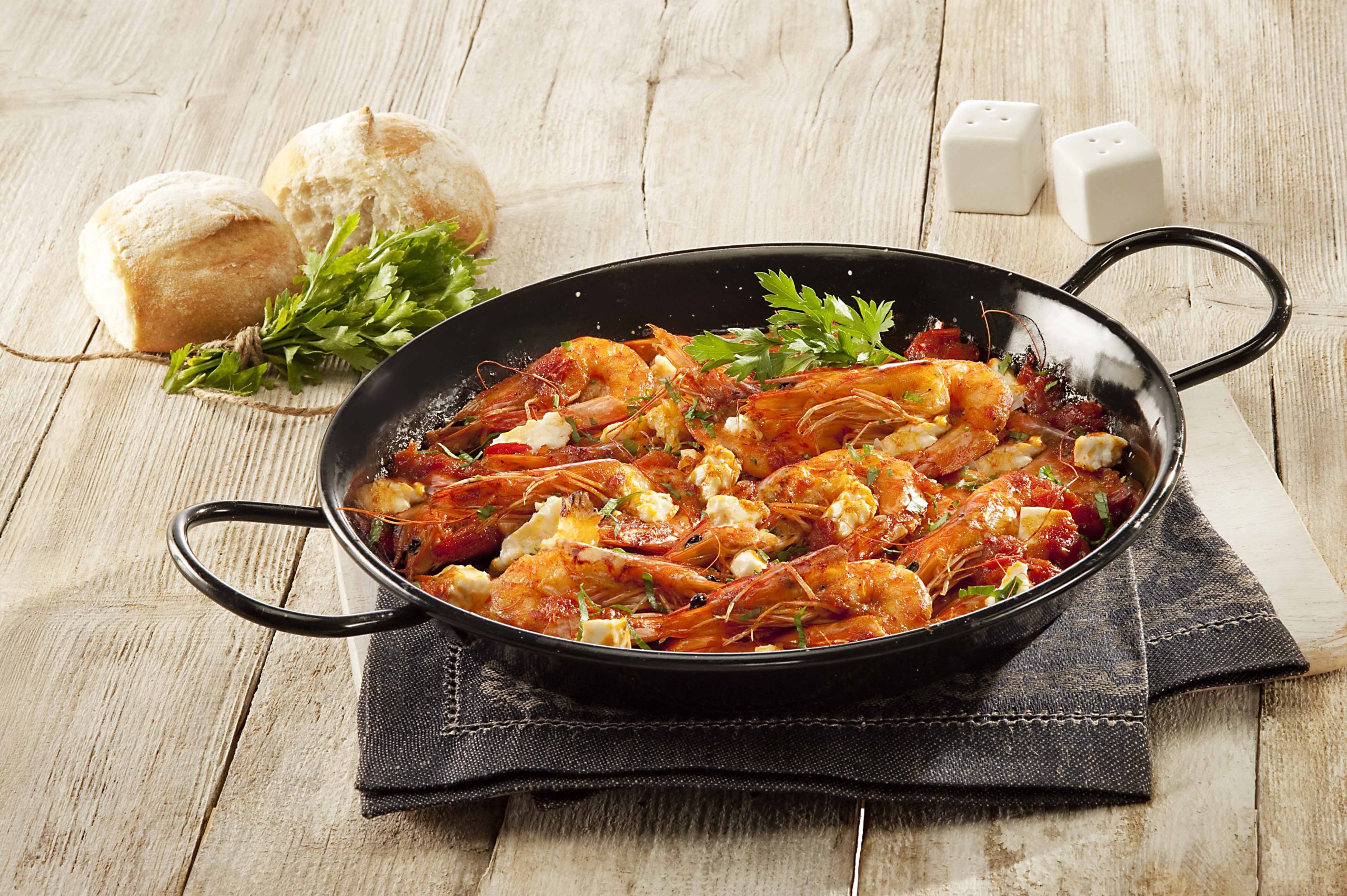 Saganaki with shrimp and Horio feta cheese (Traditional Greek fried cheese dish) - Minerva